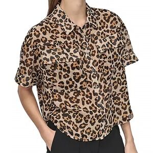 DKNY Petite Printed Short Sleeve Button Front Animal Print Shirt Womens Size 1X